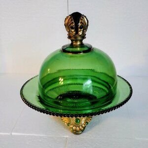 Antique Colorado Green Glass and Jeweled Medallion Serving/Butter Dish